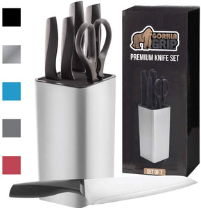 Gorilla Grip Original Premium Knife Block 7 Piece Set, Stainless Steel Blades, Includes Durable Kitchen Knives, Scissors and Stylish Block, Cutlery for Home Chef and Professional Cutting Needs, Silver